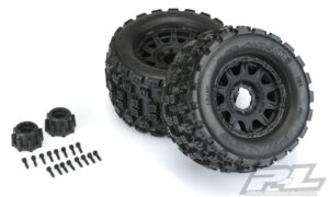 proline badlands mx38 3.8" all terrain tires mounted for 17mm mt front or rear, mounted on raid black 8x32 removable hex 17mm wheels pro1012710