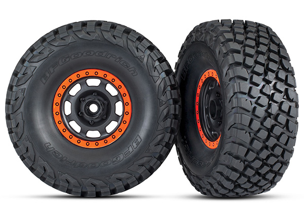 Traxxas Tires and wheels, assembled, glued (Desert Racer wheels, black with orange beadlock) - TRX8472