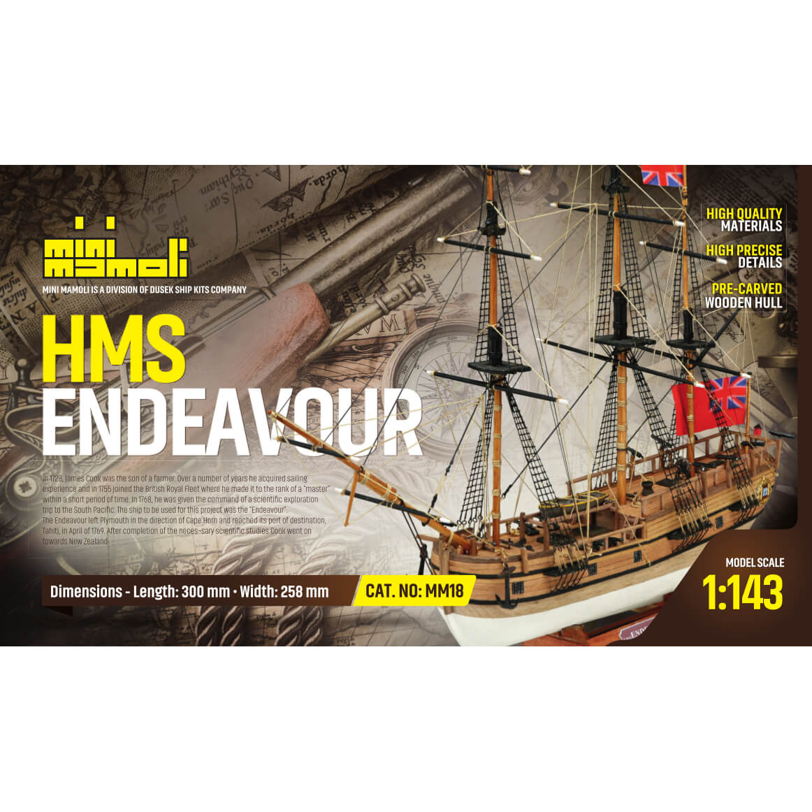 Mini Mamoli HMS Endeavour houten scheepsmodel 1:143