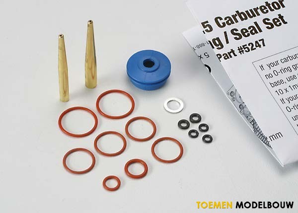 Traxxas O-ring and seal set, carburetor/ O-rings: 2x1mm (3), 10x1mm (4), 2.5x1.15mm (2), 6.2x1.2mm (1)/ 5x.9mm O-ring installation tool/ 5.3x7.8x.6mm crush washer (2)/ carburetor dust boot (1) (TRX2.5, 2.5R) - TRX5247