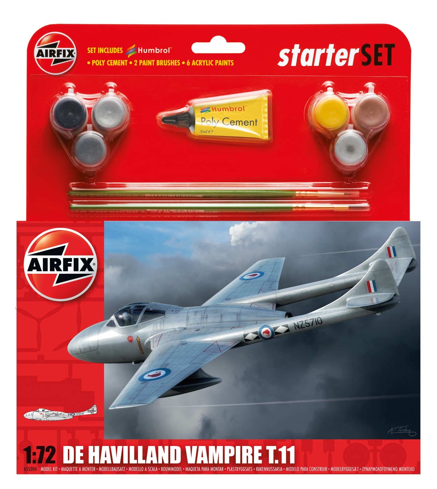 Airfix DH Vampire TII Starter Set in 1:72 bouwpakket met lijm en verf