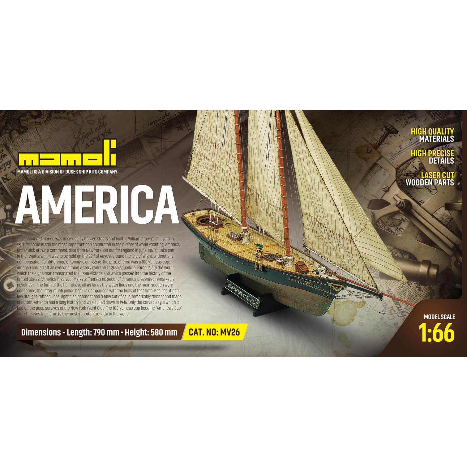 Mamoli America Zeiljacht houten scheepsmodel 1:66