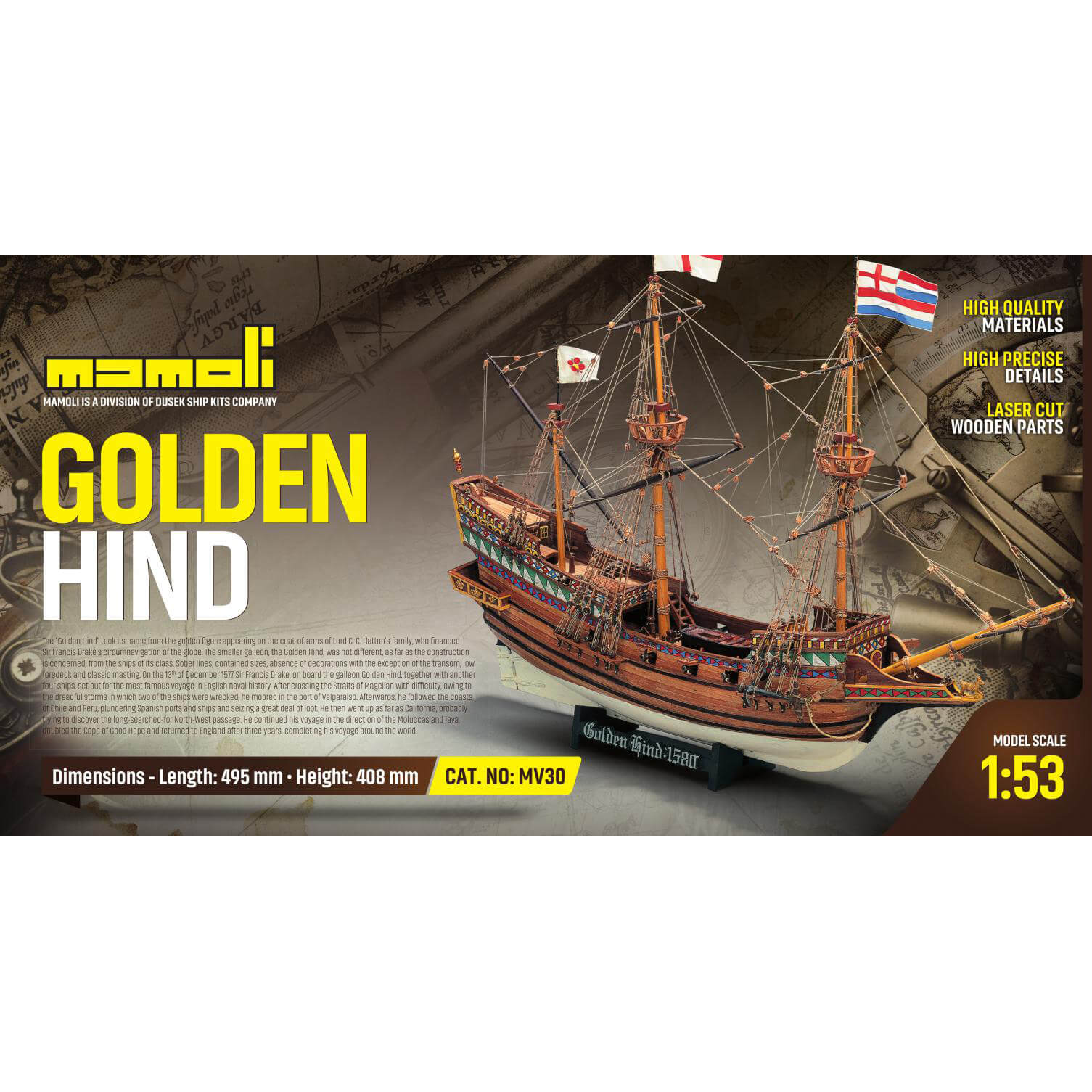 Mamoli Golden Hind Engels galjoen houten scheepsmodel 1:53