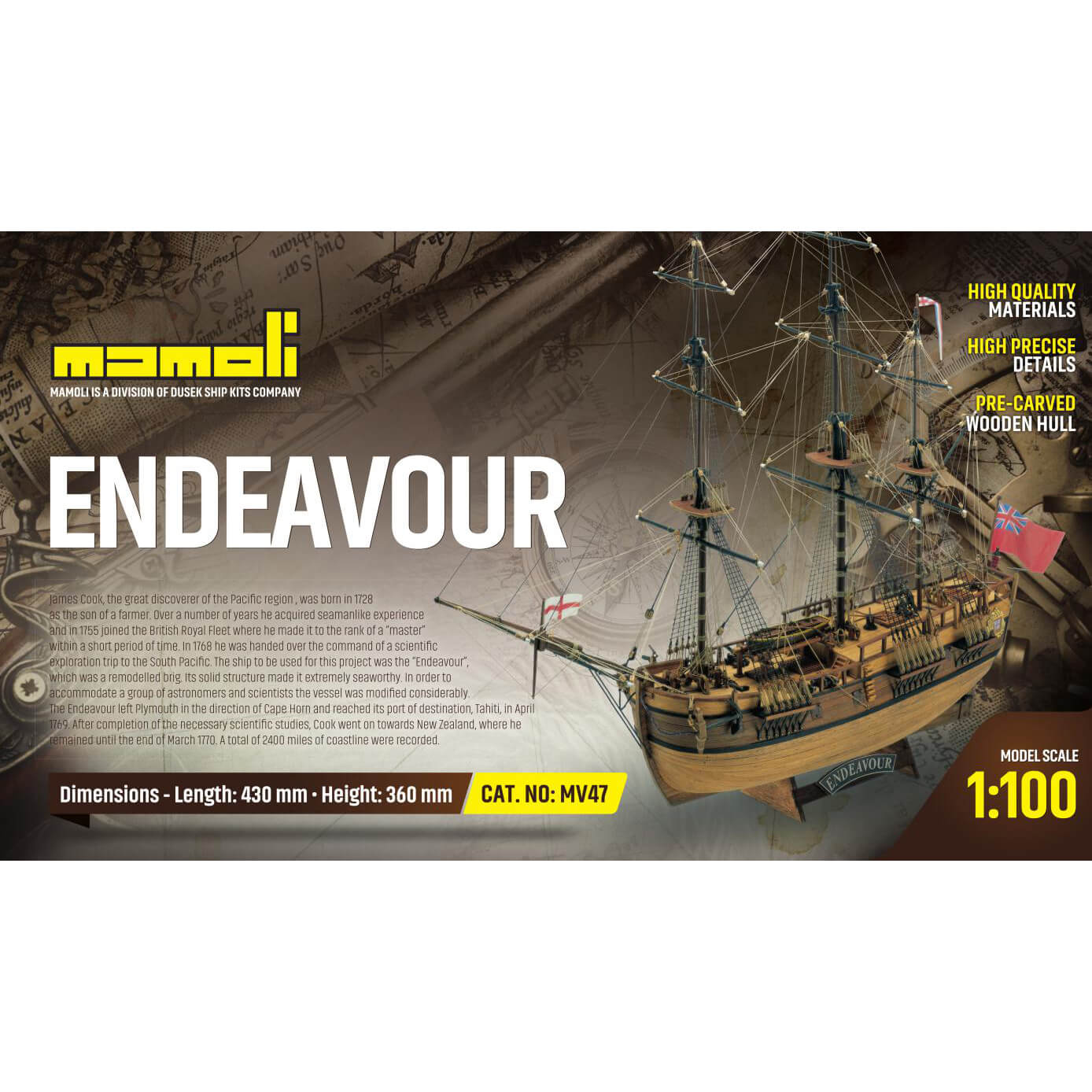 Mamoli HMS Endeavour Zeilschip houten scheepsmodel 1:100