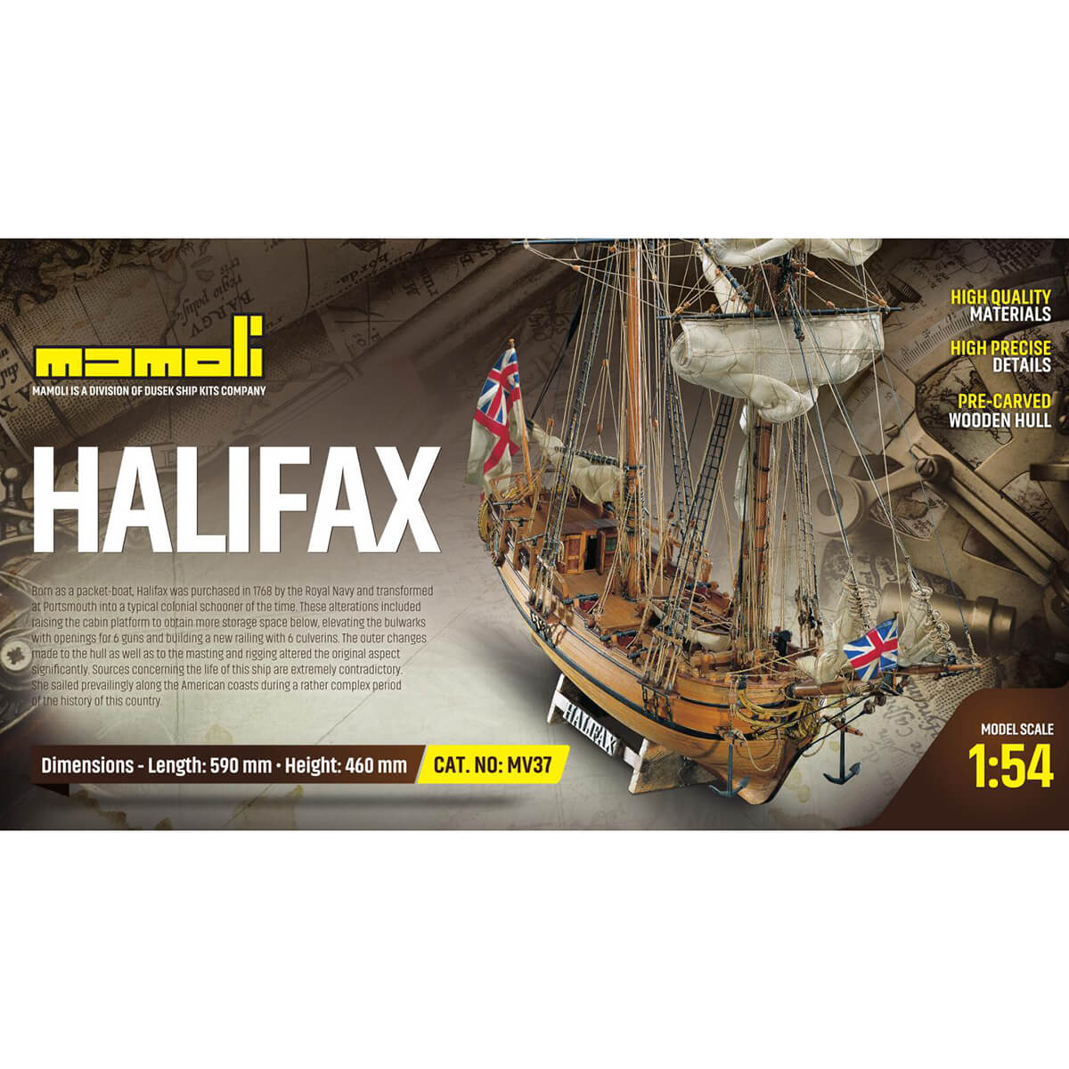 Mamoli Halifax Britse schoener houten scheepsmodel 1:54