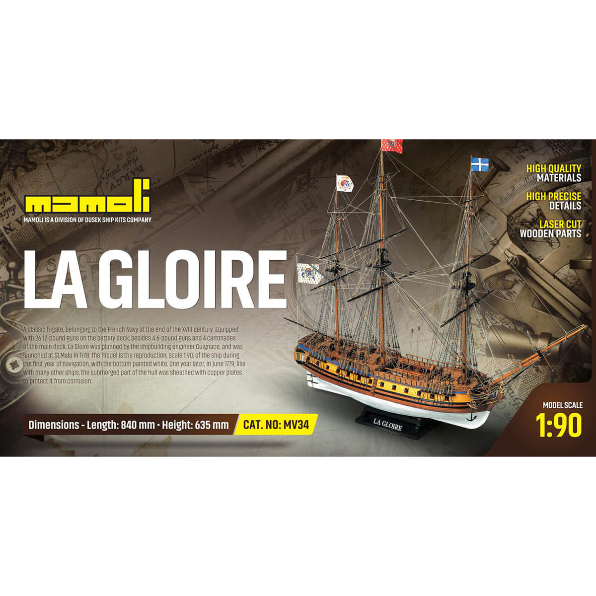 Mamoli La Gloire Frans marine fregat houten scheepsmodel 1:90