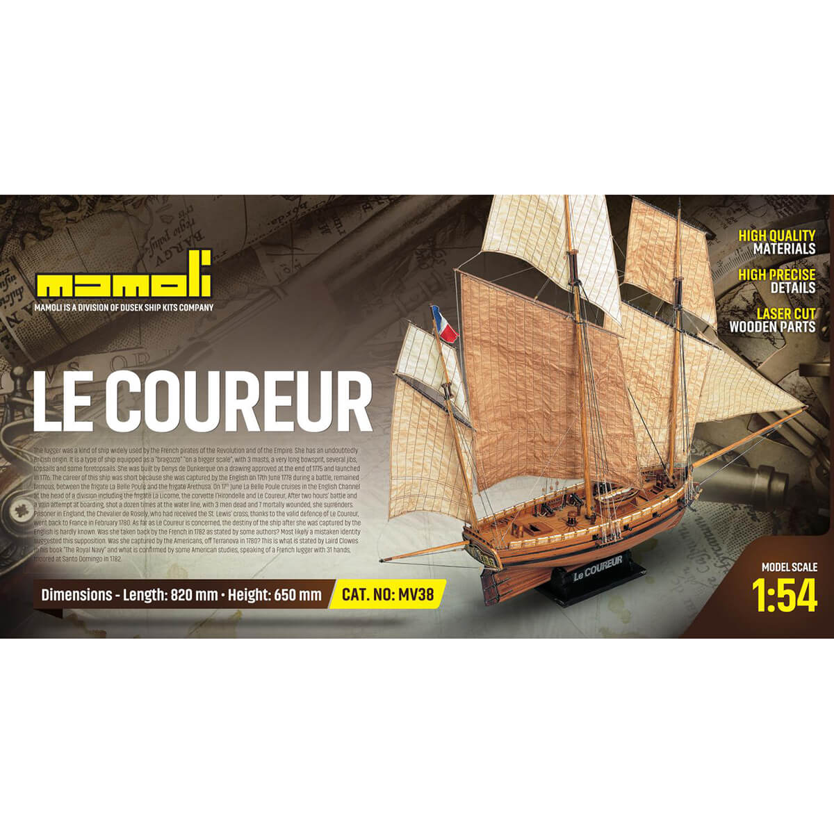Mamoli Le Coureur Franse logger houten scheepsmodel 1:54