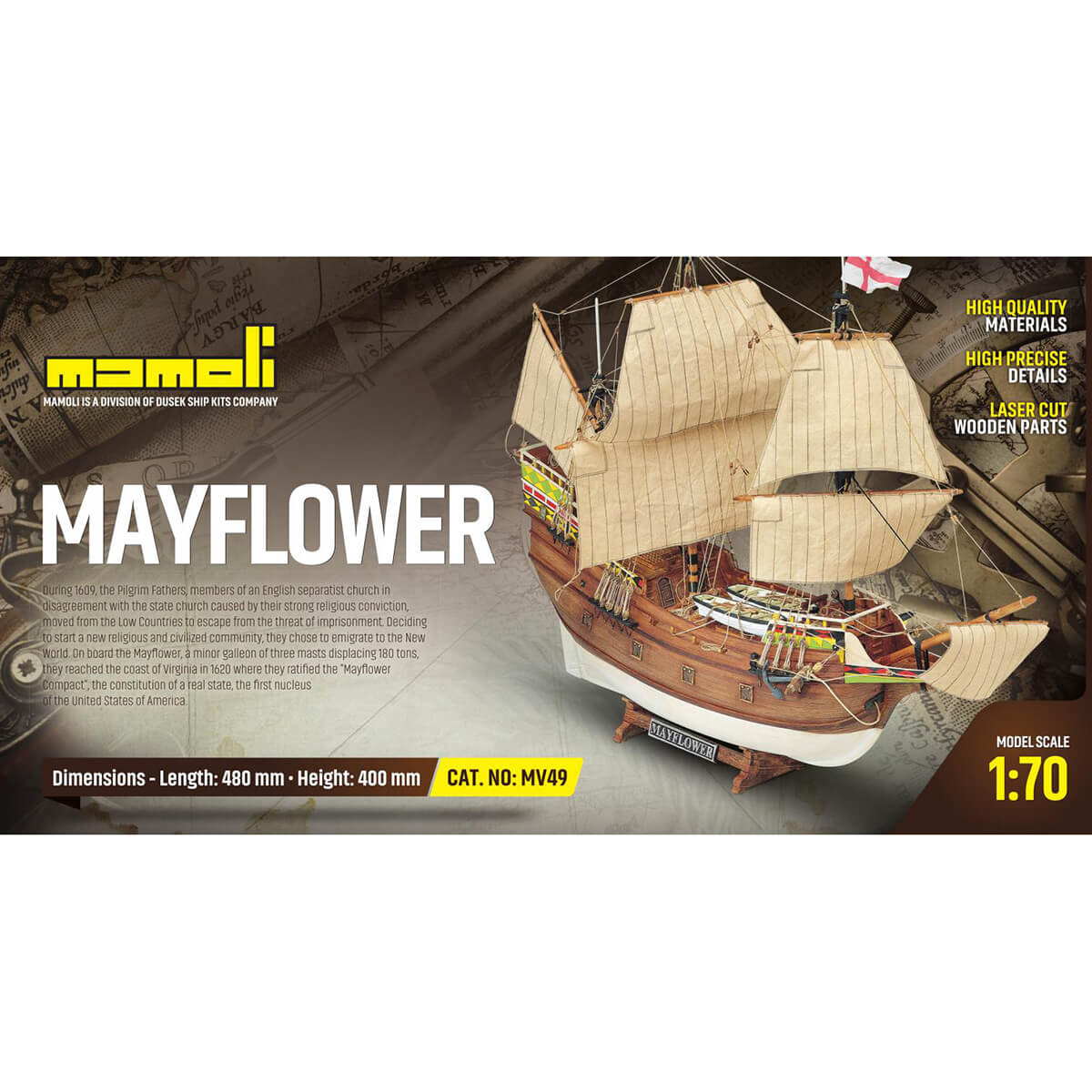 Mamoli Mayflower Koopvaardijschip houten scheepsmodel 1:70