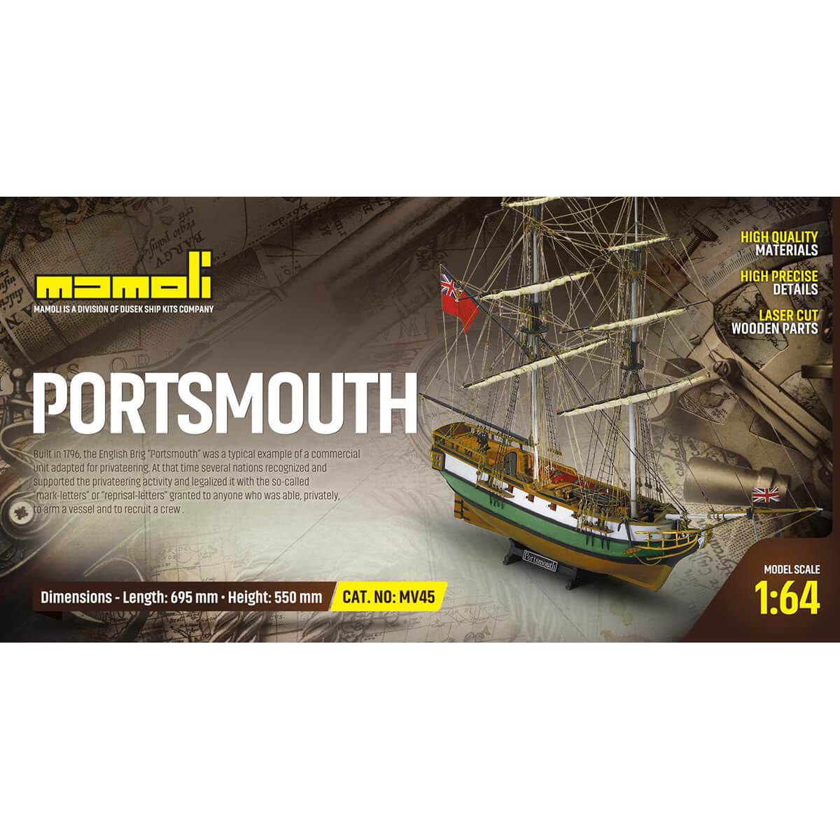 Mamoli Portsmouth Brik zeilschip houten scheepsmodel 1:64