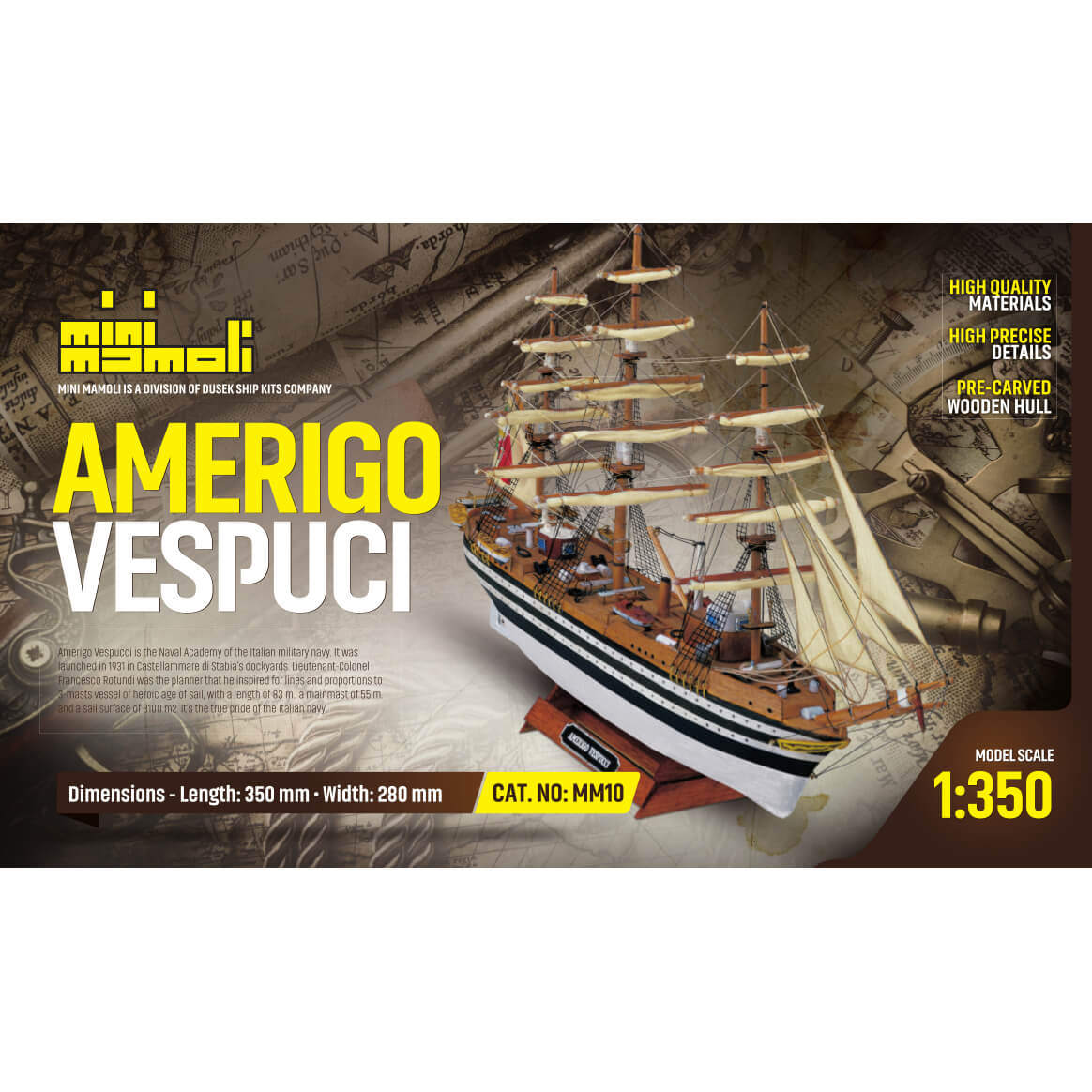 Mini Mamoli Amerigo Vespucci Driemaster zeilschip houten scheepsmodel 1:350
