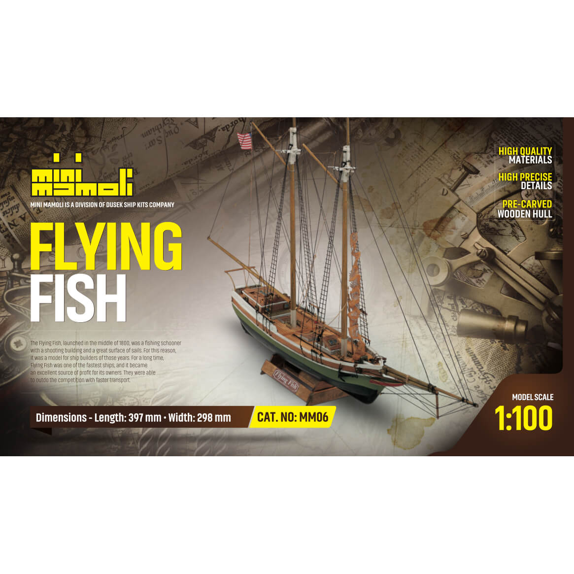 Mini Mamoli Flying Fish Vissersschoener houten scheepsmodel 1:100