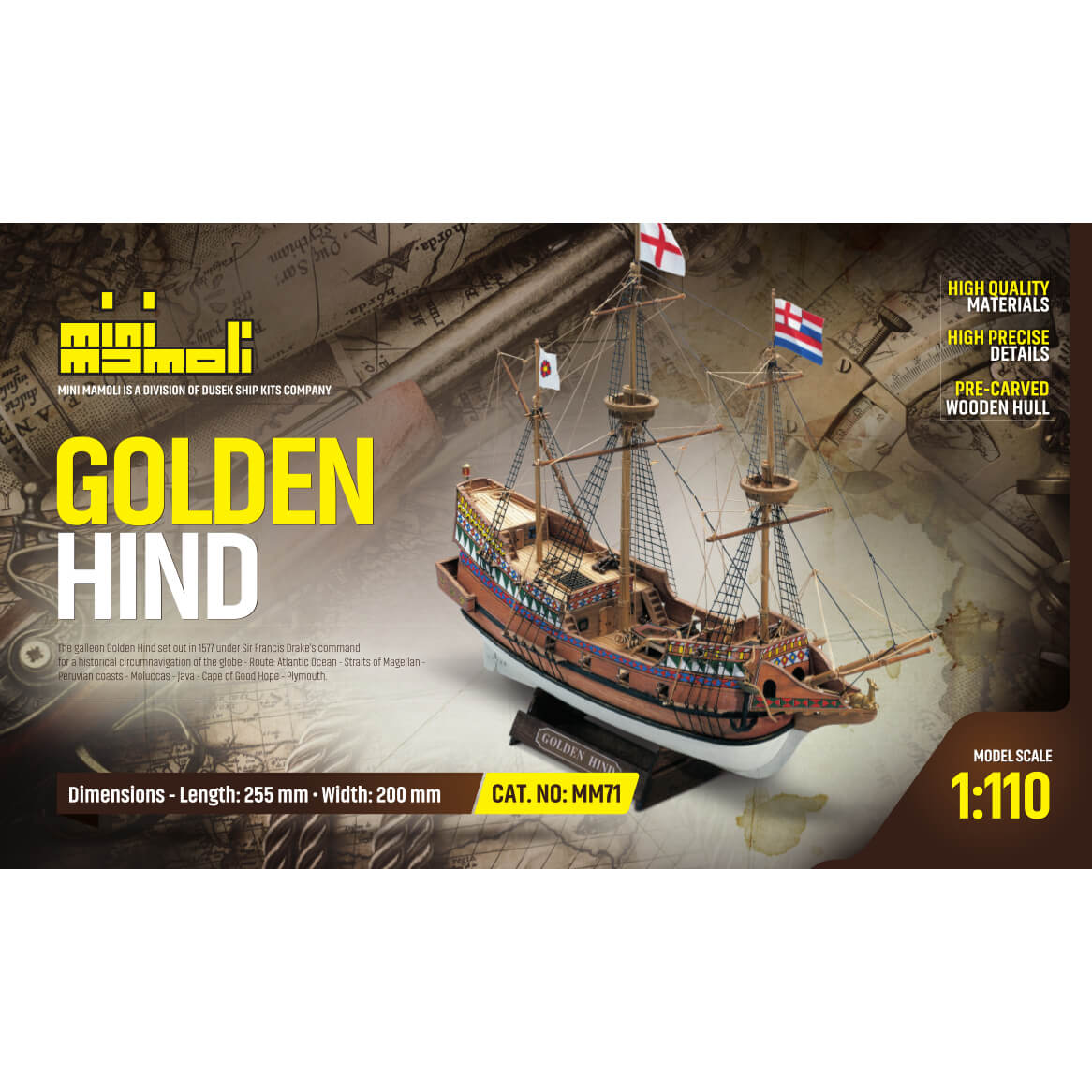 Mini Mamoli Golden Hind houten scheepsmodel 1:110