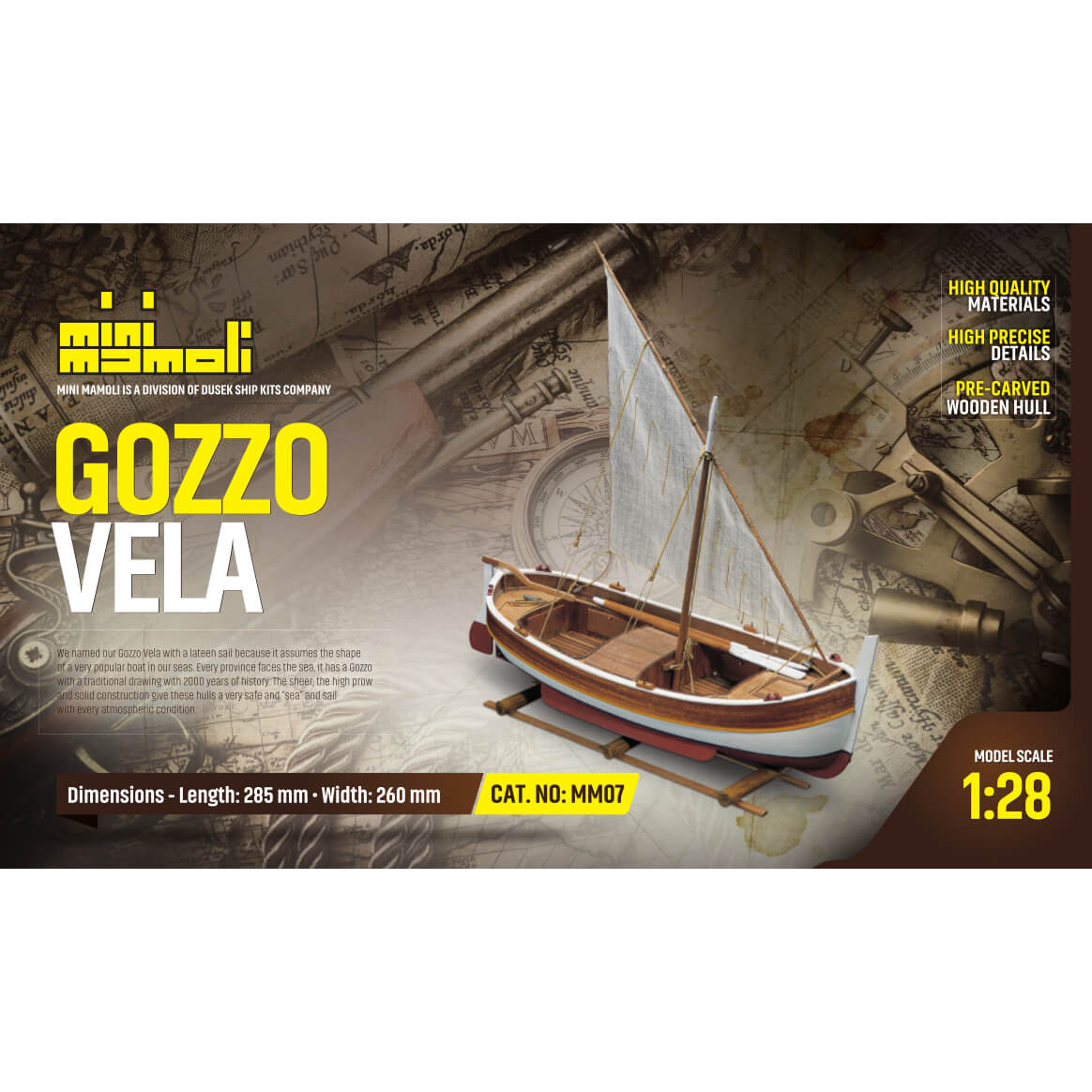 Mini Mamoli Gozzo Vela houten scheepsmodel 1:28