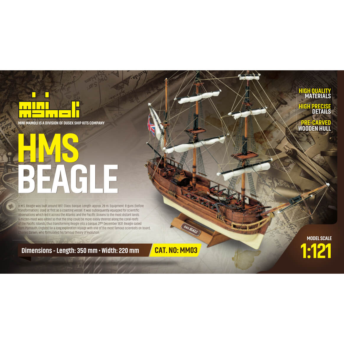 Mini Mamoli HMS Beagle houten scheepsmodel 1:121