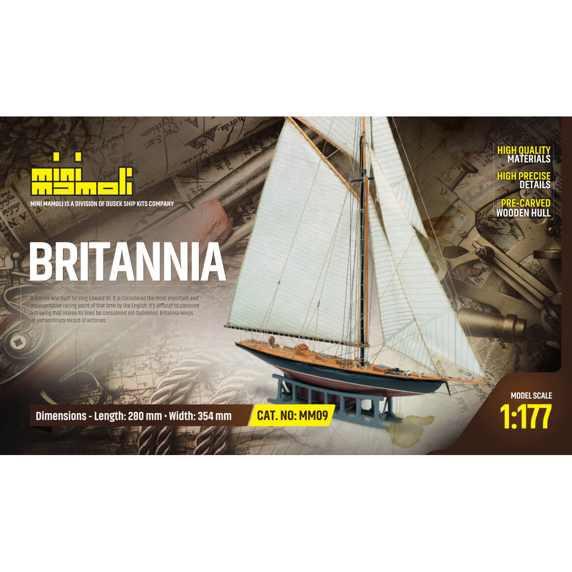 Mini Mamoli HMY Britannia Koninklijke kotter houten scheepsmodel 1:177