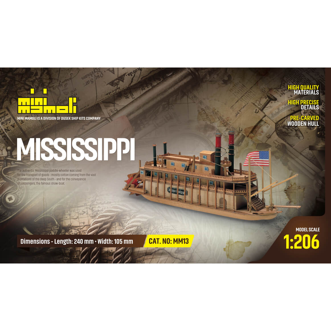 Mini Mamoli Mississippi Raderstoomboot houten scheepsmodel 1:206