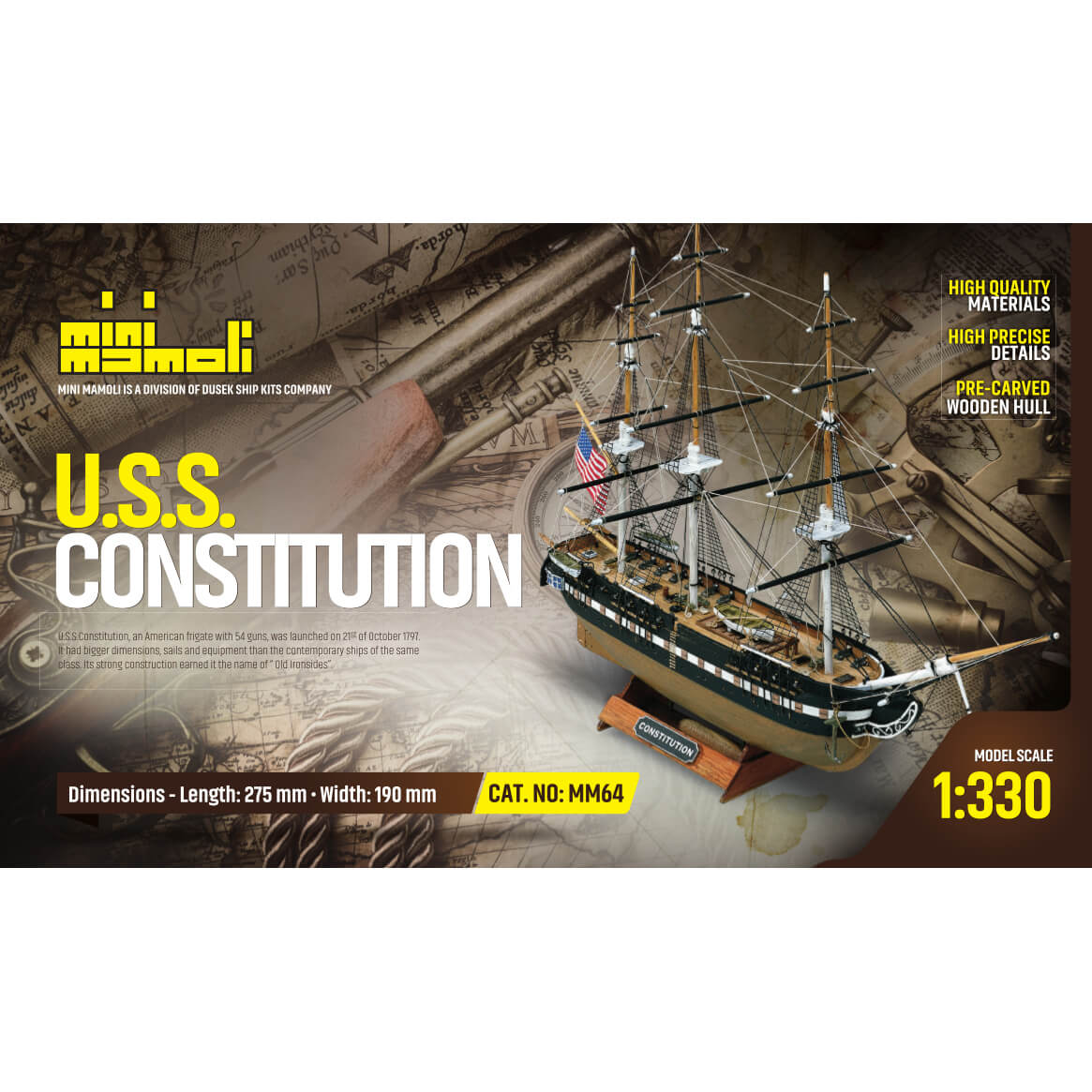 Mini Mamoli USS Constitution houten scheepsmodel 1:330