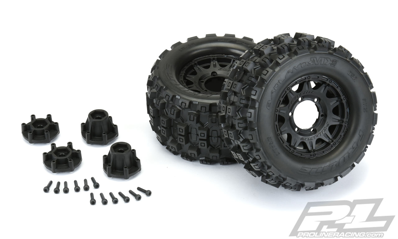 Proline Badlands MX28 2.8" All Terrain Tires Mounted for Stampede 2wd & 4wd Front and Rear, Mounted on Raid Black 6x30 Removable Hex Wheels