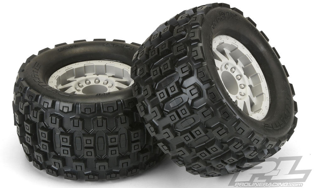Proline Badlands MX38 3.8" (Traxxas Style Bead) All Terrain Tires Mounted for 17mm MT Front or Rear, Mounted on F-11 Stone Gray 1/2" Offset 17mm Wheels