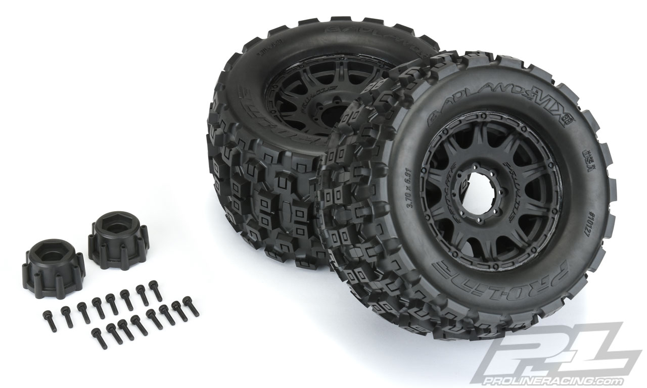 Proline Badlands MX38 3.8" All Terrain Tires Mounted for 17mm MT Front or Rear, Mounted on Raid Black 8x32 Removable Hex 17mm Wheels