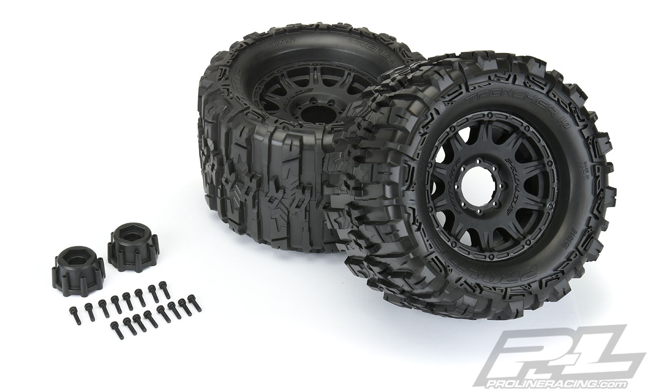 Proline Trencher HP 3.8" All Terrain BELTED Tires Mounted for 17mm MT Front or Rear, Mounted on Raid Black 8x32 Removable Hex 17mm Wheels