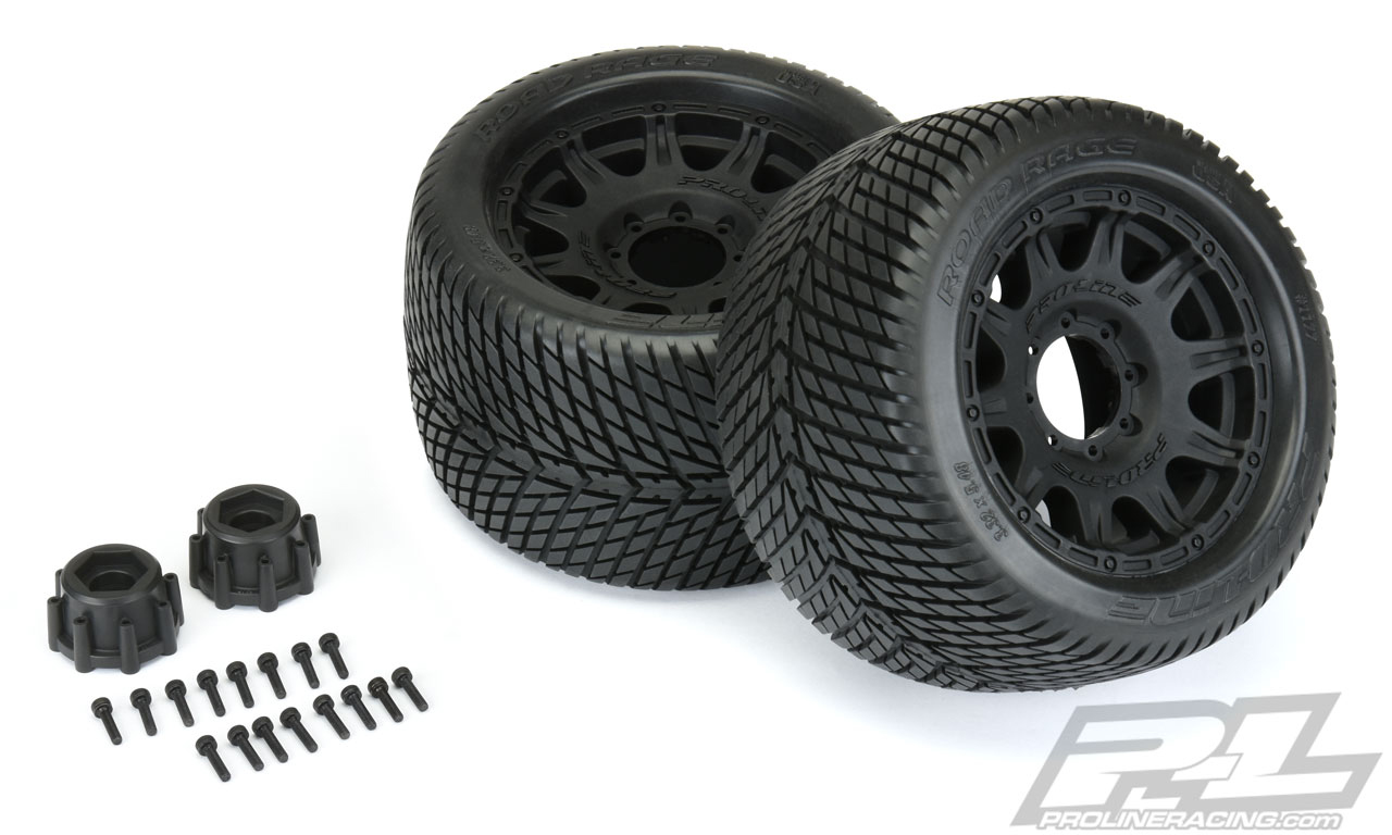 Proline Road Rage 3.8" Street Tires Mounted for 17mm MT Front or Rear, Mounted on Raid Black 8x32 Removable Hex 17mm Wheels