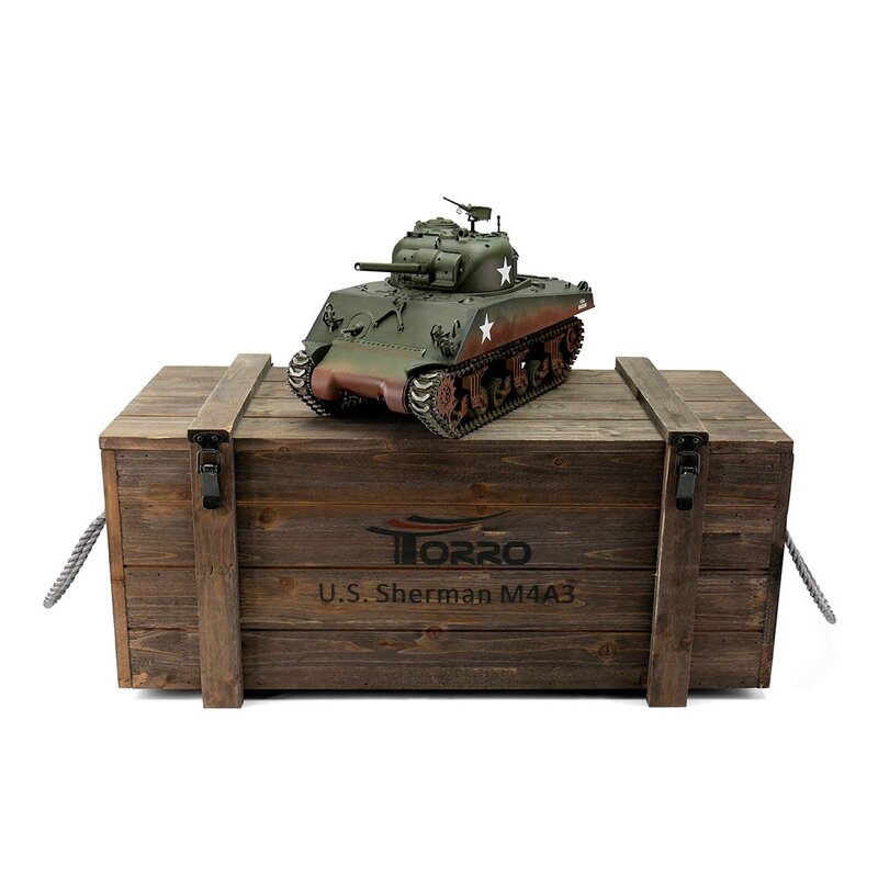 Torro Pro Edition RC Tank 1/16 Sherman M4A3 Groen 2.4Ghz geleverd in luxe houten krat
