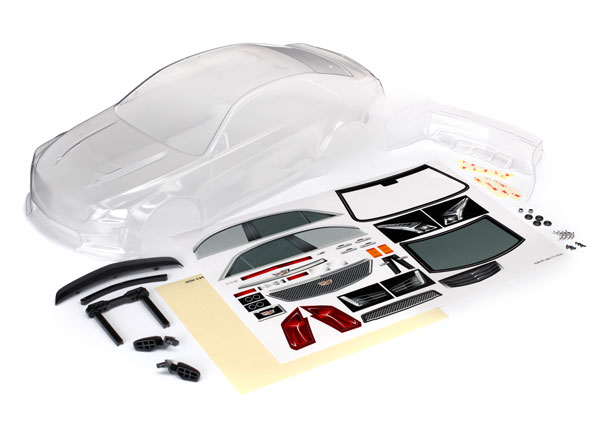 Traxxas Body, Cadillac CTS-V (clear, requires painting)/ decal sheet (includes side mirrors, spoiler, & mounting hardware) - TRX8391