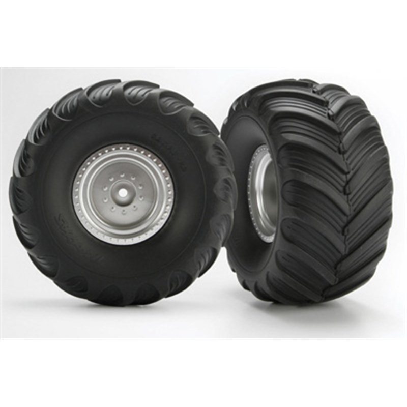 TRX3663 - Tires & wheels, assembled, glued (satin chrome wheels, Terra Groove dual profile tires, foam inserts) (electric rear) (2)