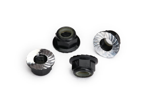 Traxxas Nuts, 5mm flanged nylon locking (aluminum, black-anodized, serrated) (4) - TRX8447A