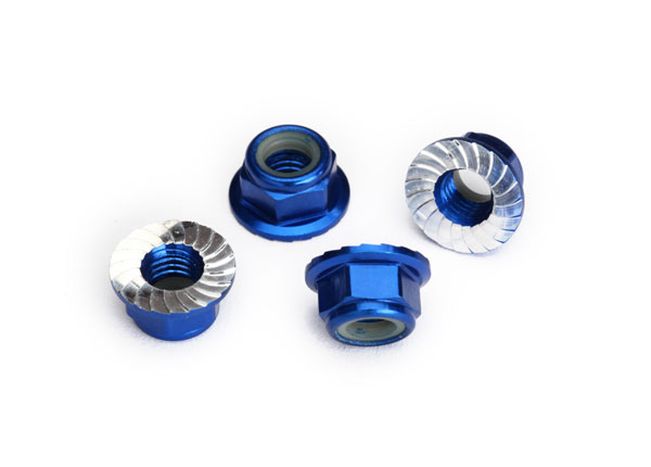 Traxxas Nuts, 5mm flanged nylon locking (aluminum, blue-anodized, serrated) (4) - TRX8447X