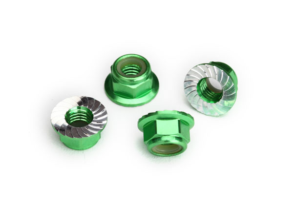 Traxxas Nuts, 5mm flanged nylon locking (aluminum, green-anodized, serrated) (4) - TRX8447G