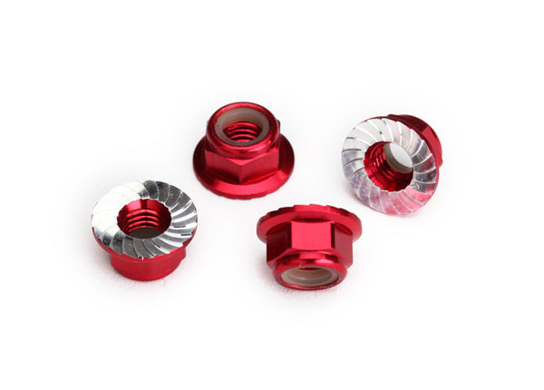 Traxxas Nuts, 5mm flanged nylon locking (aluminum, red-anodized, serrated) (4) - TRX8447R