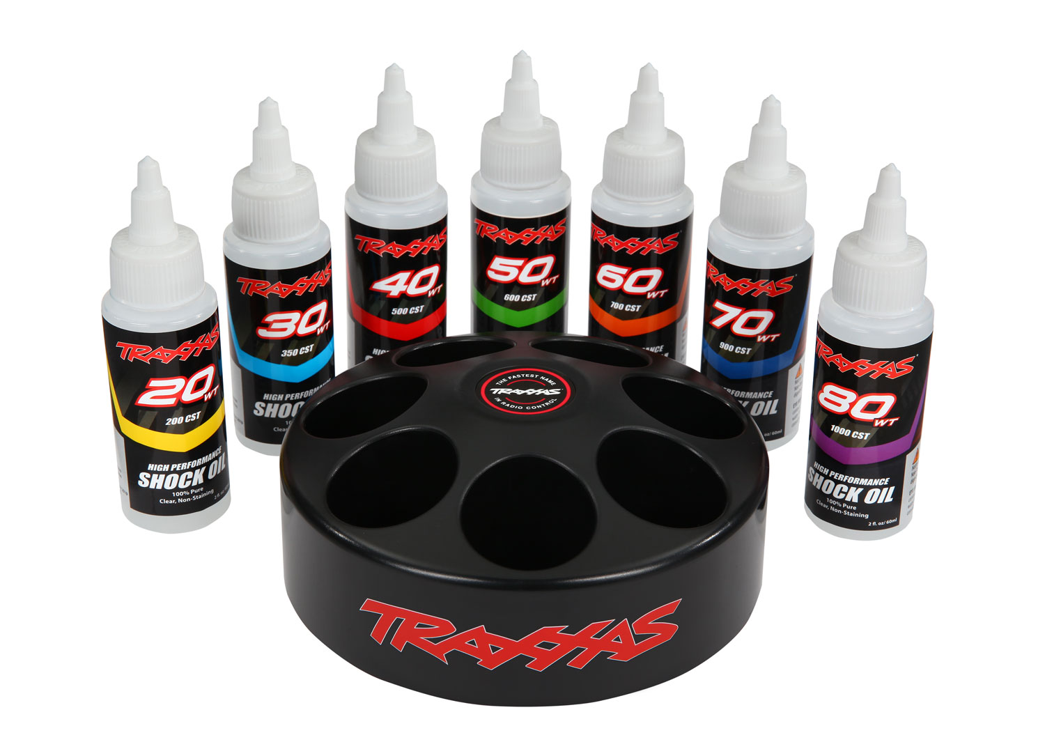 Traxxas Shock oil set (includes 20 wt, 30 wt, 40 wt, 50 wt, 60 wt, 70 wt, & 80 wt premium shock oils with spinning carousel rack) - TRX5038X