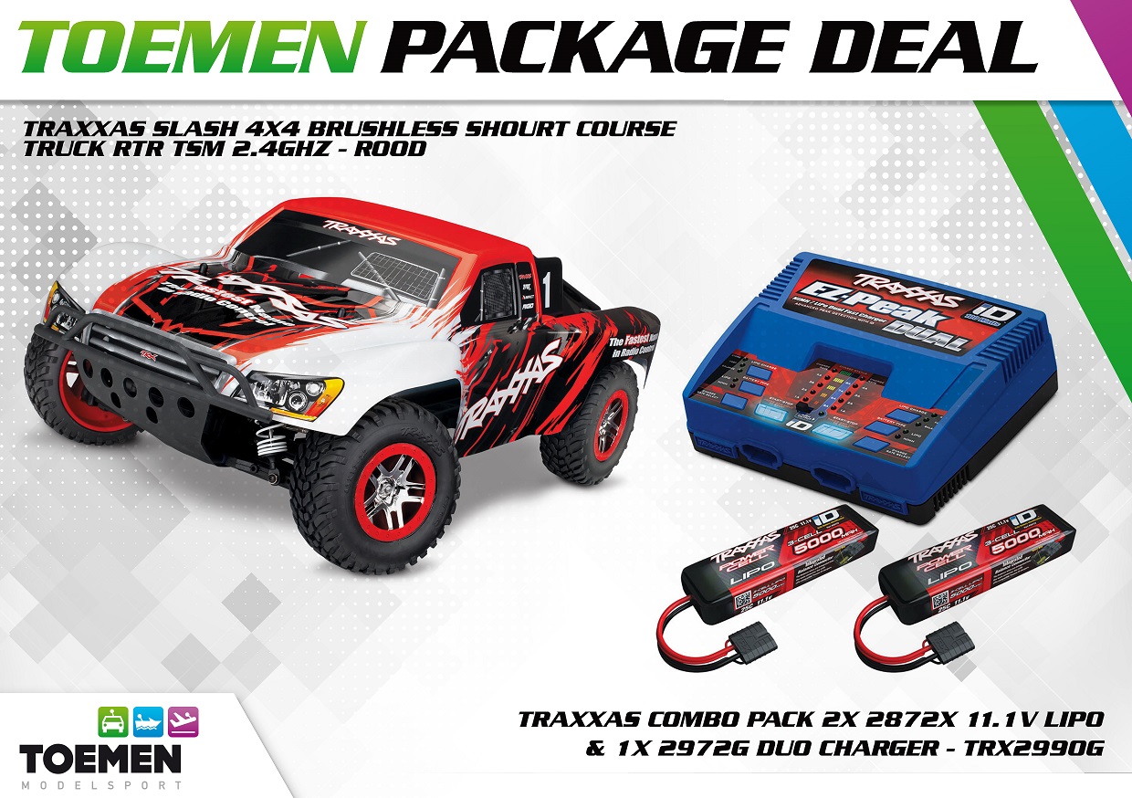 Traxxas Slash 4x4 Brushless Shourt Course Truck RTR TSM 2.4Ghz Rood - inclusief Power Package