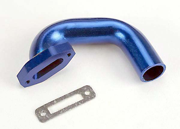 TRX4487 - Exhaust header, Perfect-Fit for N. 4-Tec, N. Rustler-Sport (blue-anodized, aluminum)/header gasket (for side exhaust engines only)