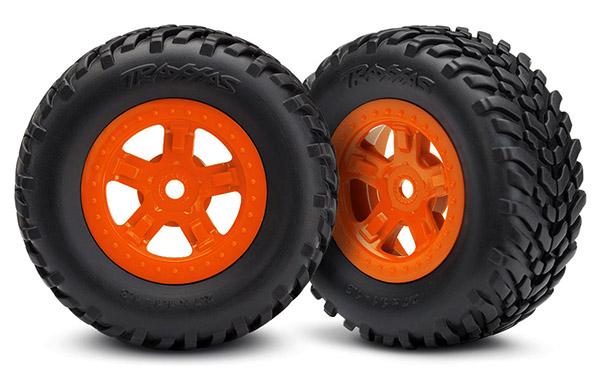 Traxxas Tires and wheels, assembled, glued (SCT orange wheels, SCT off-road racing tires)(1 each, right & left) - TRX7674A