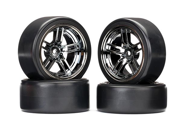 Traxxas Tires and wheels, assembled, glued (split-spoke black chrome wheels, 1.9" Drift tires) (front and rear) - TRX8378
