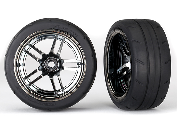 Traxxas Tires and wheels, assembled, glued (split-spoke black chrome wheels, 1.9" Response tires) (extra wide, rear) (2) - TRX8374