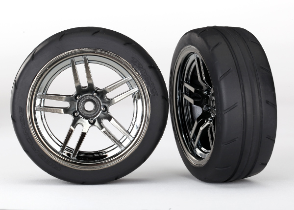 Traxxas Tires and wheels, assembled, glued (split-spoke black chrome wheels, 1.9" Response tires) (front) (2) - TRX8373