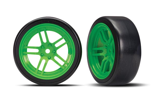 Traxxas Tires and wheels, assembled, glued (split-spoke green wheels, 1.9" Drift tires) (front) - TRX8376G