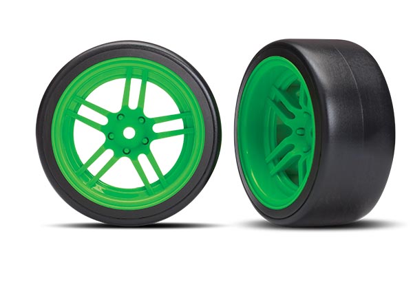 Traxxas Tires and wheels, assembled, glued (split-spoke green wheels, 1.9" Drift tires) (rear) - TRX8377G