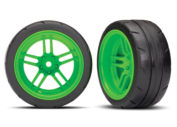 Traxxas Tires and wheels, assembled, glued (split-spoke green wheels, 1.9" Response tires) (extra wide, rear) (2) (VXL rated) - TRX8374G