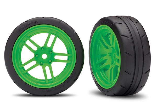 Traxxas Tires and wheels, assembled, glued (split-spoke green wheels, 1.9" Response tires) (front) (2) (VXL rated) - TRX8373G