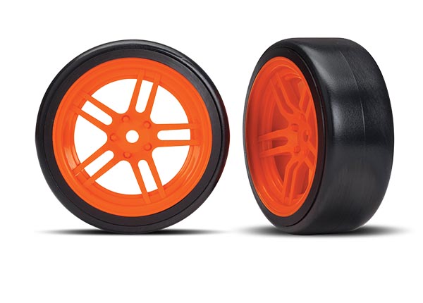Traxxas Tires and wheels, assembled, glued (split-spoke orange wheels, 1.9" Drift tires) (front) - TRX8376A