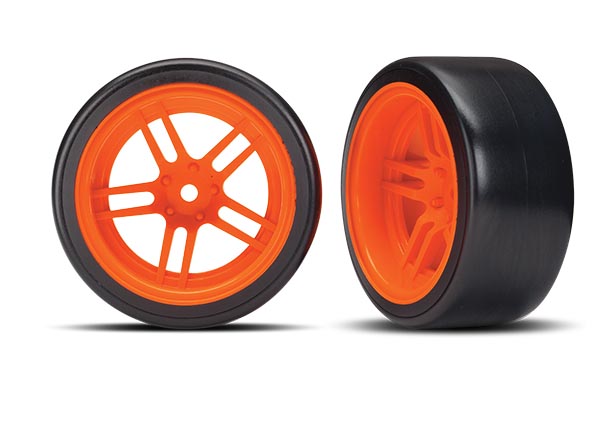 Traxxas Tires and wheels, assembled, glued (split-spoke orange wheels, 1.9" Drift tires) (rear) - TRX8377A