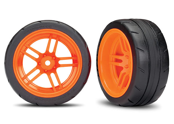 Traxxas Tires and wheels, assembled, glued (split-spoke orange wheels, 1.9" Response tires) (extra wide, rear) (2) (VXL rated) - TRX8374A