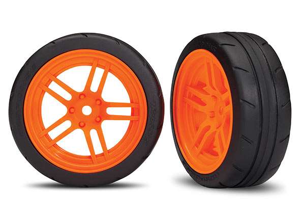 Traxxas Tires and wheels, assembled, glued (split-spoke orange wheels, 1.9" Response tires) (front) (2) (VXL rated) - TRX8373A