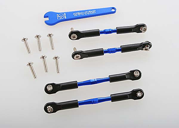 Traxxas Turnbuckles, aluminum (blue-anodized), camber links, front, 39mm (2), rear, 49mm (2) (assembled w/rod ends & hollow balls)/ wrench - TRX3741A