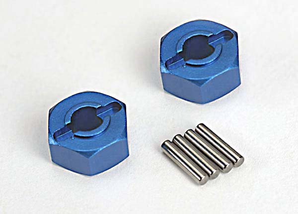 Traxxas Wheel hubs, hex (blue-anodized, lightweight aluminum) (2)/ axle pins(4) - TRX1654X